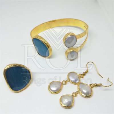 Cultured Pearl, Aqua Cats Eye Fashion Jewelry Set