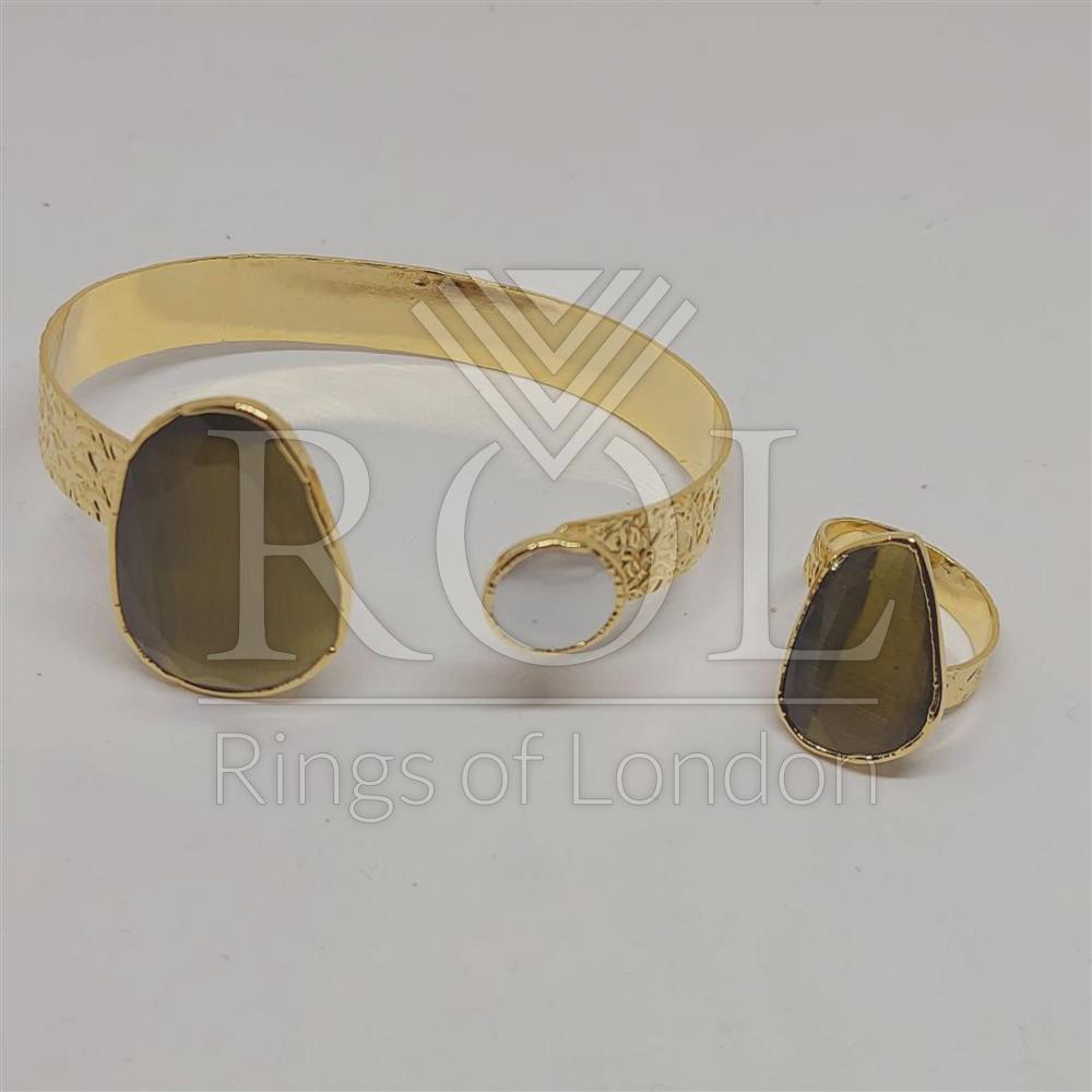 Handmade Pearlescent Glass and Green Cat's Eye Jewellery Set Rings of